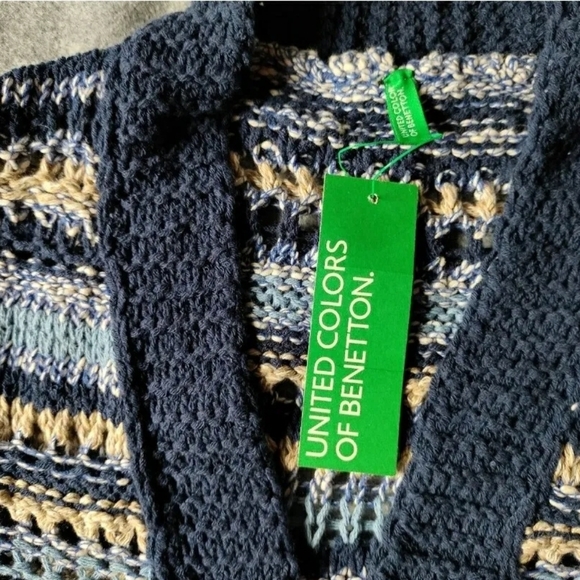 Benetton Womans Blue Knit Crochet Cut Out Striped Open Cardigan Sweater M NWT - Picture 5 of 14